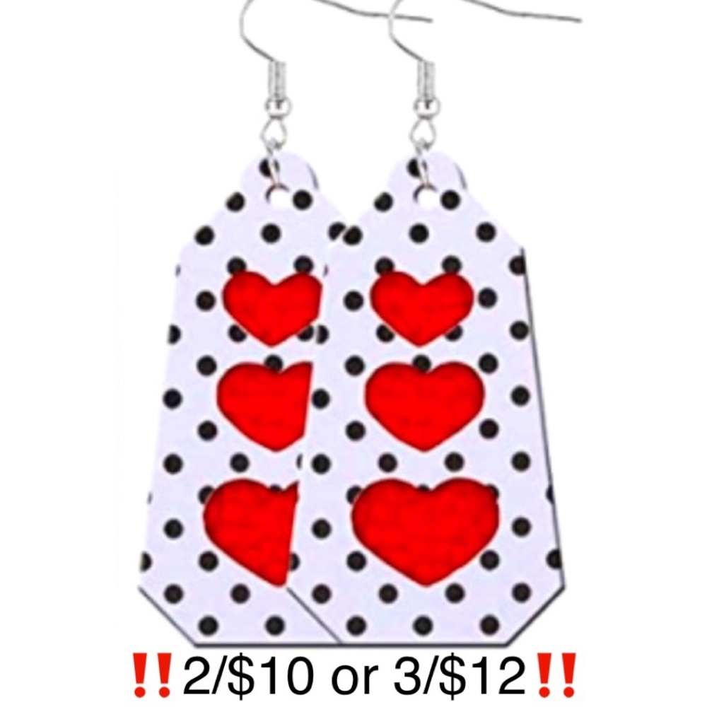 Red Black & White Polka Dot Faux Leather Dangling Valentine’s Day Heart Earrings